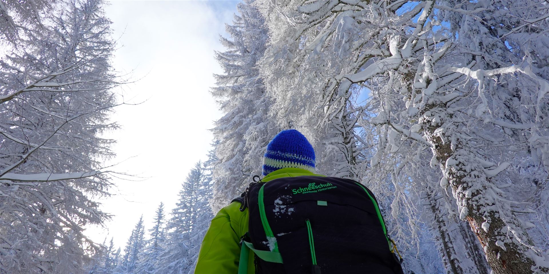 Tief verschneiter Wald mit Wanderer